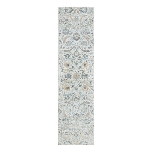 Ivory, Sickle Leaf Design Soft Pile, Silk With Textured Wool Hand Knotted, Runner Oriental Rug