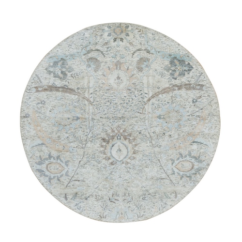 Ivory, Sickle Leaf Design Soft Pile, Silk With Textured Wool Hand Knotted, Round Oriental Rug