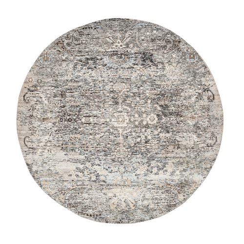Gray, Transitional Persian Influence Erased Medallion Design, Silk with Textured Wool Hand Knotted, Round Oriental 