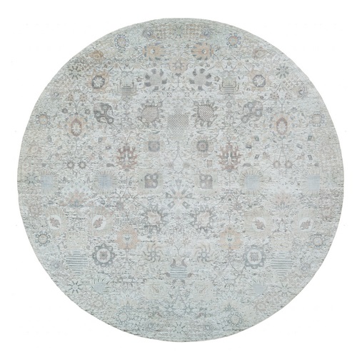 Ivory, Tabriz Vase With Pomegranate Design, Silk With Textured Wool Hand Knotted, Round Oriental Rug