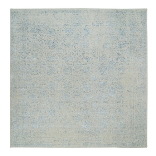 Gray with Touches of Blue, Tabriz Design, Wool and Plant Based Silk Jacquard Hand Loomed, Square Oriental Rug