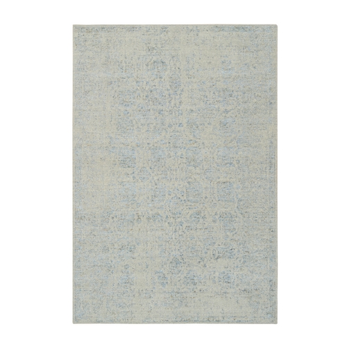 Gray with Touches of Blue, Wool and Plant Based Silk Jacquard Hand Loomed, Tabriz Design, Oriental Rug