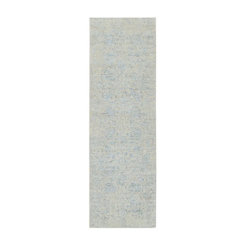 Gray with Touches of Blue, Jacquard Hand Loomed Tabriz Design, Wool and Plant Based Silk, Runner Oriental 