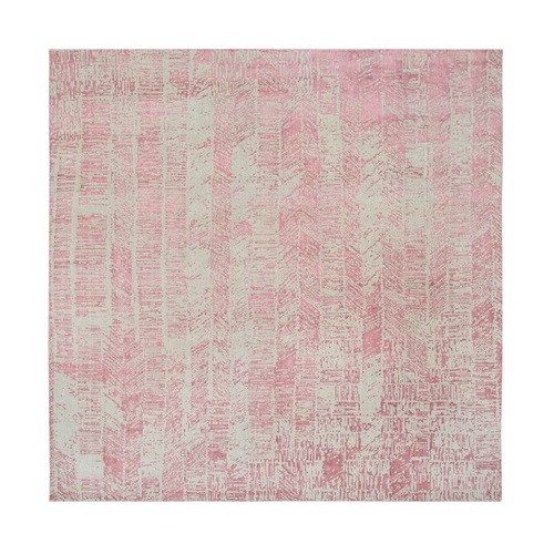 Rose Pink, All Over Design, Wool and Art Silk Jacquard Hand Loomed Square Oriental Rug