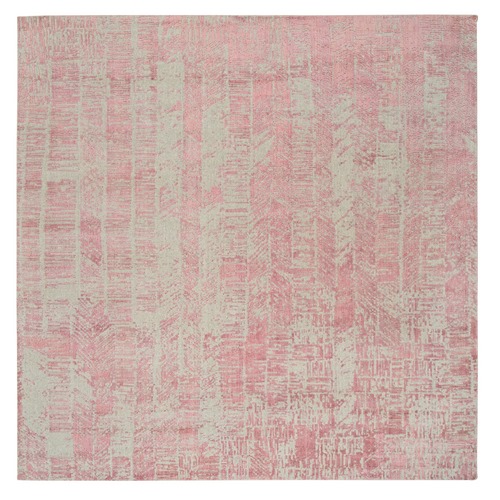 Rose Pink, Wool and Art Silk Jacquard Hand Loomed, All Over Design, Square Oriental Rug