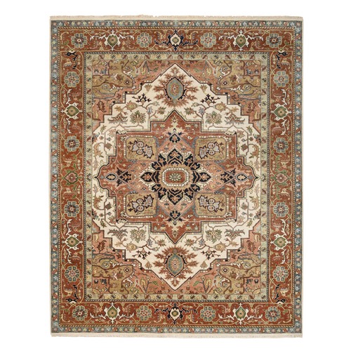 Ivory and Rust, Thick and Plush Pure Wool Hand Knotted, Heriz with Classic Geometric Medallion Design, Oriental Rug