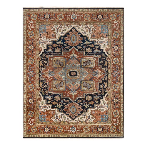Navy and Rust, Pure Wool Hand Knotted, Heriz with Classic Geometric Medallion Design Thick and Plush, Oriental Rug