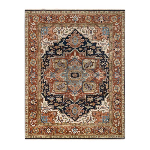 Navy and Rust, Pure Wool Hand Knotted, Heriz with Classic Geometric Medallion Design Thick and Plush, Oriental Rug
