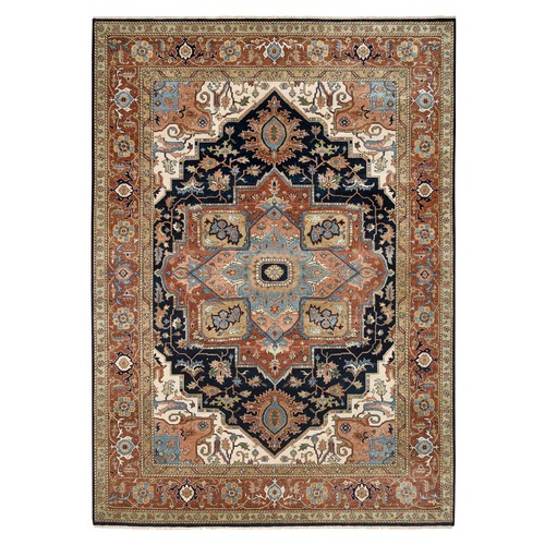 Navy and Rust, Heriz with Classic Geometric Medallion Design, Thick and Plush Pure Wool Hand Knotted, Oriental Rug