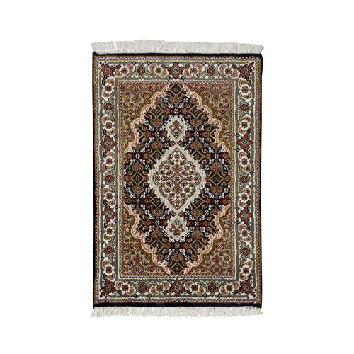 Rich Black, Tabriz Mahi with Fish Medallion Design, Pure Wool, 175 KPSI, Hand Knotted, Mat Oriental Rug