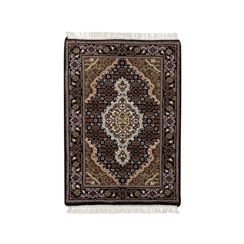 Rich Black, Tabriz Mahi with Fish Medallion Design, 100% Wool, 175 KPSI, Hand Knotted, Mat Oriental Rug