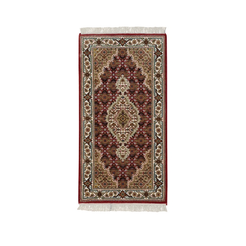 Mahogany Red, Tabriz Mahi with Fish Medallion Design, 100% Wool, 175 KPSI, Hand Knotted, Mat Oriental Rug