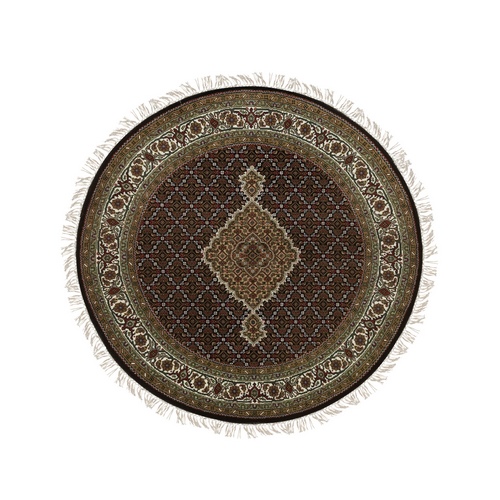 Rich Black, Tabriz Mahi with Fish Medallion Design, Hand Knotted, 175 KPSI, 100% Wool, Round Oriental Rug