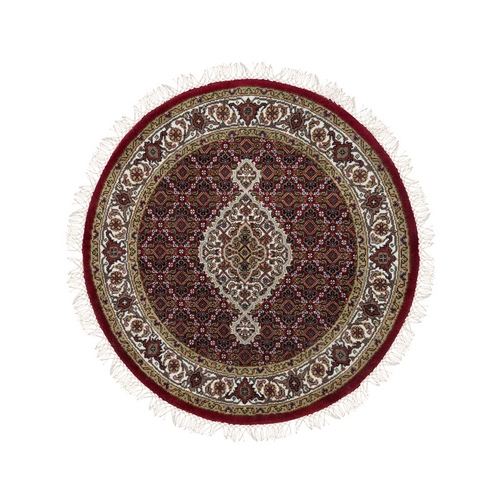 Mahogany Red, Tabriz Mahi with Fish Medallion Design, Pure Wool, 175 KPSI, Hand Knotted, Round, Oriental Rug