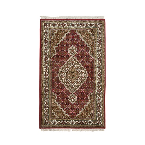 Mahogany Red Tabriz Mahi with Fish Medallion Design, 175 KPSI, 100% Wool, Hand Knotted, Oriental Rug