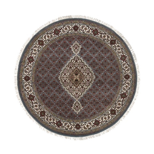 Light Gray, Extra Soft Wool, Hand Knotted, 175 KPSI Tabriz Mahi with Fish Medallion Design, Round Oriental 