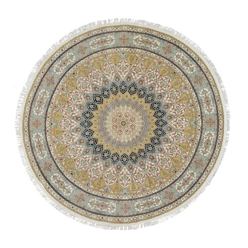 Ivory, Hand Knotted Nain with Gumbad Design, 250 KPSI Densely Woven, Pure Wool, Round Oriental Rug