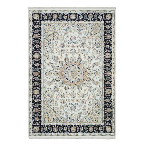 Ivory, Natural Wool Hand Knotted, Nain with Center Medallion Flower Design, 250 KPSI Densely Woven, Oriental Rug