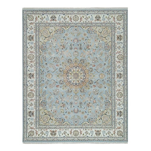 Light Blue, Nain with Center Medallion Flower Design 250 KPSI, 100% Wool Hand Knotted, Oriental Rug
