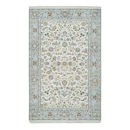 Ivory, Nain with All Over Flower Design 250 KPSI, Natural Wool Hand Knotted, Oriental Rug