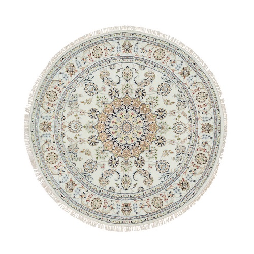 Ivory, 250 KPSI Soft Wool, Hand Knotted Nain with Center Medallion Flower Design, Round Oriental Rug
