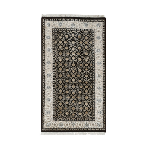 Eerie Black, Herati with All Over Fish Mahi Design, 250 KPSI Super Fine Weave, Organic Wool Hand Knotted, Oriental Rug