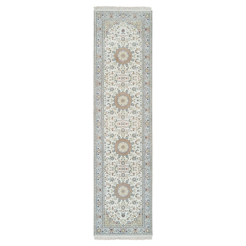 Ivory, Nain with Center Medallion Flower Design, 250 KPSI, Hand Knotted, Pure Wool, Runner Oriental Rug