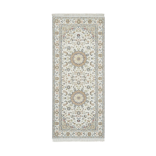 Ivory, 100% Wool Hand Knotted, Nain with Center Medallion Flower Design 250 KPSI, Runner Oriental Rug