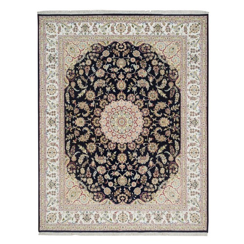Midnight Blue, Nain with Center Medallion Flower Design, 250 KPSI, Hand Knotted, Organic Wool, Oriental Rug
