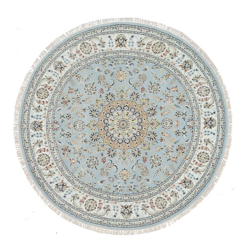 Light Blue, 250 KPSI Extra Soft Wool, Hand Knotted Nain with Center Medallion Flower Design, Round Oriental Rug