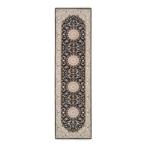 Midnight Blue, Nain with Center Medallion Design, 250 KPSI, Hand Knotted, Natural Wool, Runner Oriental Rug