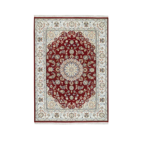 Burgundy Red, Nain with Center Medallion Flower Design, 250 KPSI, Organic Wool, Hand Knotted, Oriental Rug