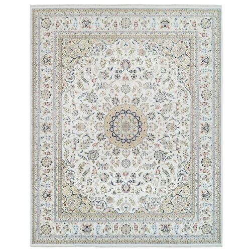 Ivory, Nain with Center Medallion Flower Design, 250 KPSI, Organic Wool, Hand Knotted, Oversized Oriental Rug


