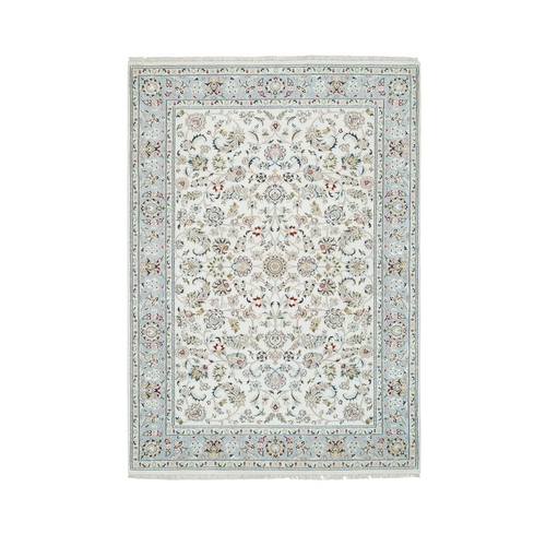 Ivory, Hand Knotted Nain with All Over Flower Design, 250 KPSI Pure Wool, Oriental Rug