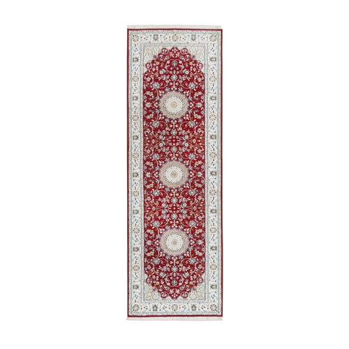 Burgundy Red, Nain with Center Medallion Flower Design, 250 KPSI, Natural Wool, Hand Knotted, Runner Oriental 
