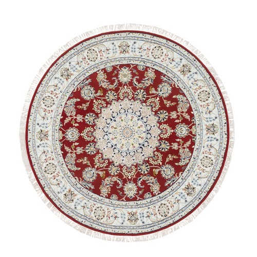 Burgundy Red, Nain with Center Medallion Flower Design, 250 KPSI, Soft Wool, Hand Knotted, Round Oriental Rug