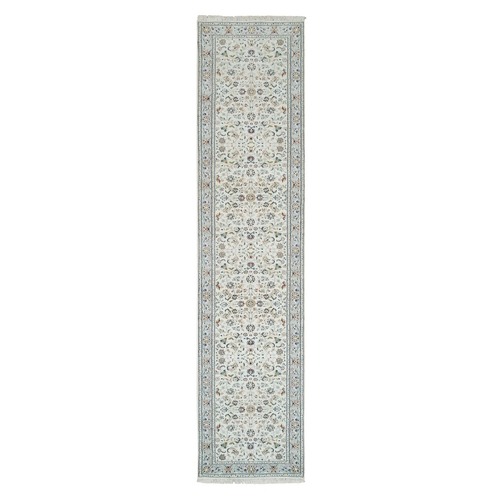 Ivory, Hand Knotted Nain with All Over Flower Design, 250 KPSI Organic Wool, Runner Oriental Rug
