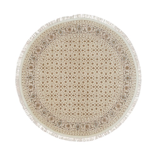 Ivory, 250 KPSI Densely Woven, Pure Wool Hand Knotted, Herati with All Over Fish Mahi Design, Round Oriental Rug
