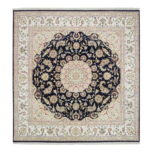 Midnight Blue, Nain with Center Medallion Flower Design, 250 KPSI,Hand Knotted, 100% Wool, Square Oriental Rug