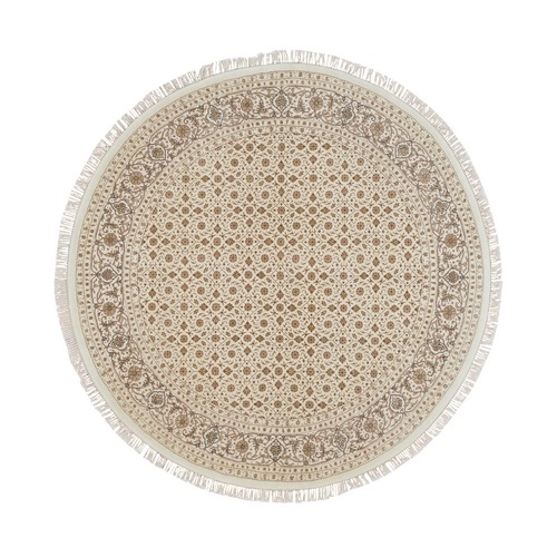 Ivory, Densely Woven Organic Wool, Hand Knotted Herati with All Over Fish Mahi Design, 250 KPSI, Round Oriental Rug