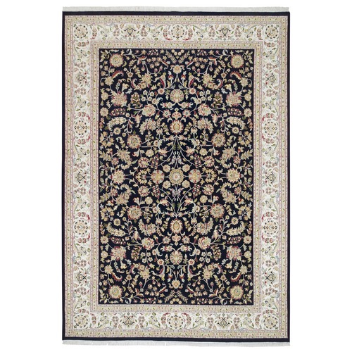 Midnight Blue, Nain All Over Flower Design, 250 KPSI, Hand Knotted, 100% Wool, Oriental Rug