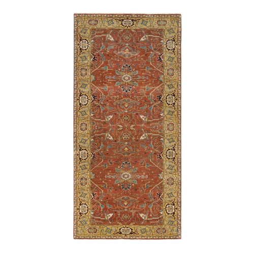 Terracotta Red, Antiqued Fine Heriz Re-Creation, Hand Knotted, Soft Wool, Wide Runner Oriental Rug