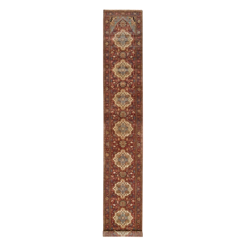Terracotta Red, Hand Knotted, Antiqued Fine Heriz Re-Creation, Densely Woven, Natural Dyes, Organic Wool, XL Runner Oriental Rug