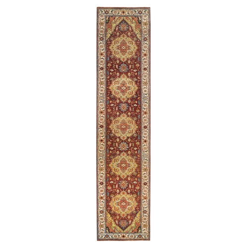 Terracotta Red, Antiqued Fine Heriz Re-Creation, Natural Dyes Dense Weave, Organic Wool Hand Knotted, Runner Oriental Rug