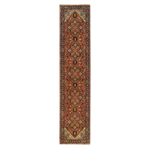 Terracotta Red, Hand Knotted Antiqued Fine Heriz Re-Creation, Natural Dyes Dense Weave, Organic Wool, Runner Oriental Rug