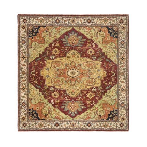 Terracotta Red, Hand Knotted Antiqued Fine Heriz Re-Creation, Natural Dyes Dense Weave, Soft Wool, Square Oriental Rug