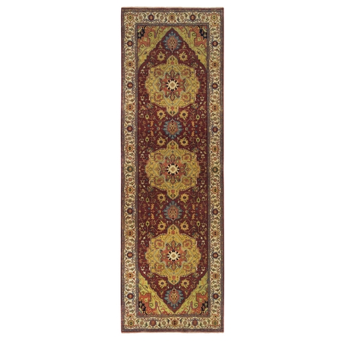 Terracotta Red, Pure Wool Hand Knotted, Antiqued Fine Heriz Re-Creation, Natural Dyes Densely Woven, Wide Runner Oriental 