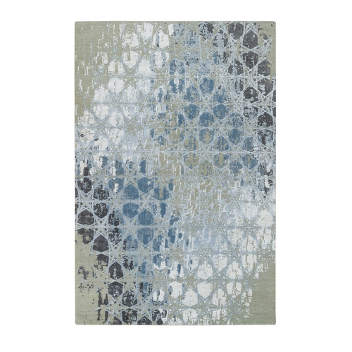 Gray and Blue, THE HONEYCOMB Award Winning Design, Hand Knotted Wool and Silk, Oriental 
