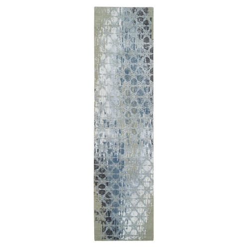 Gray and Blue, THE HONEYCOMB Award Winning Design, Hand Knotted Wool and Silk, Runner Oriental 