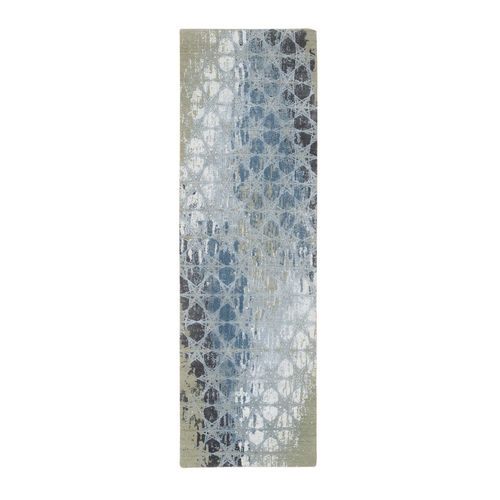 Gray and Blue, Hand Knotted Wool and Silk, THE HONEYCOMB Award Winning Design, Runner Oriental 